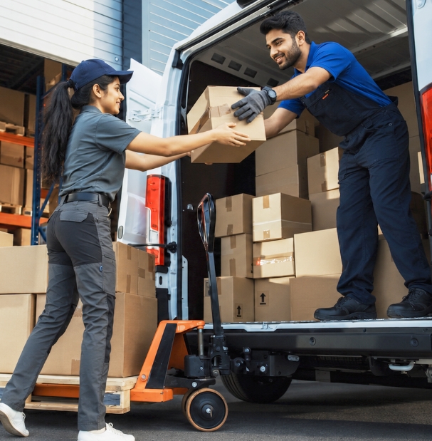 Logistics team handling packages with RFID-enabled shipment visibility