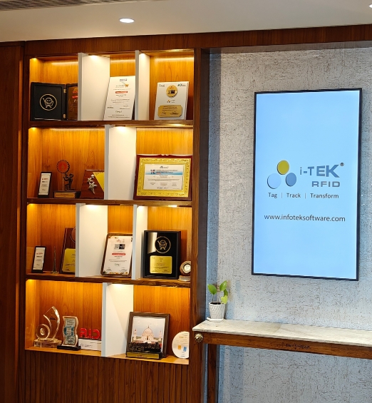 i-TEK RFID awards and certifications displayed at the Pune office